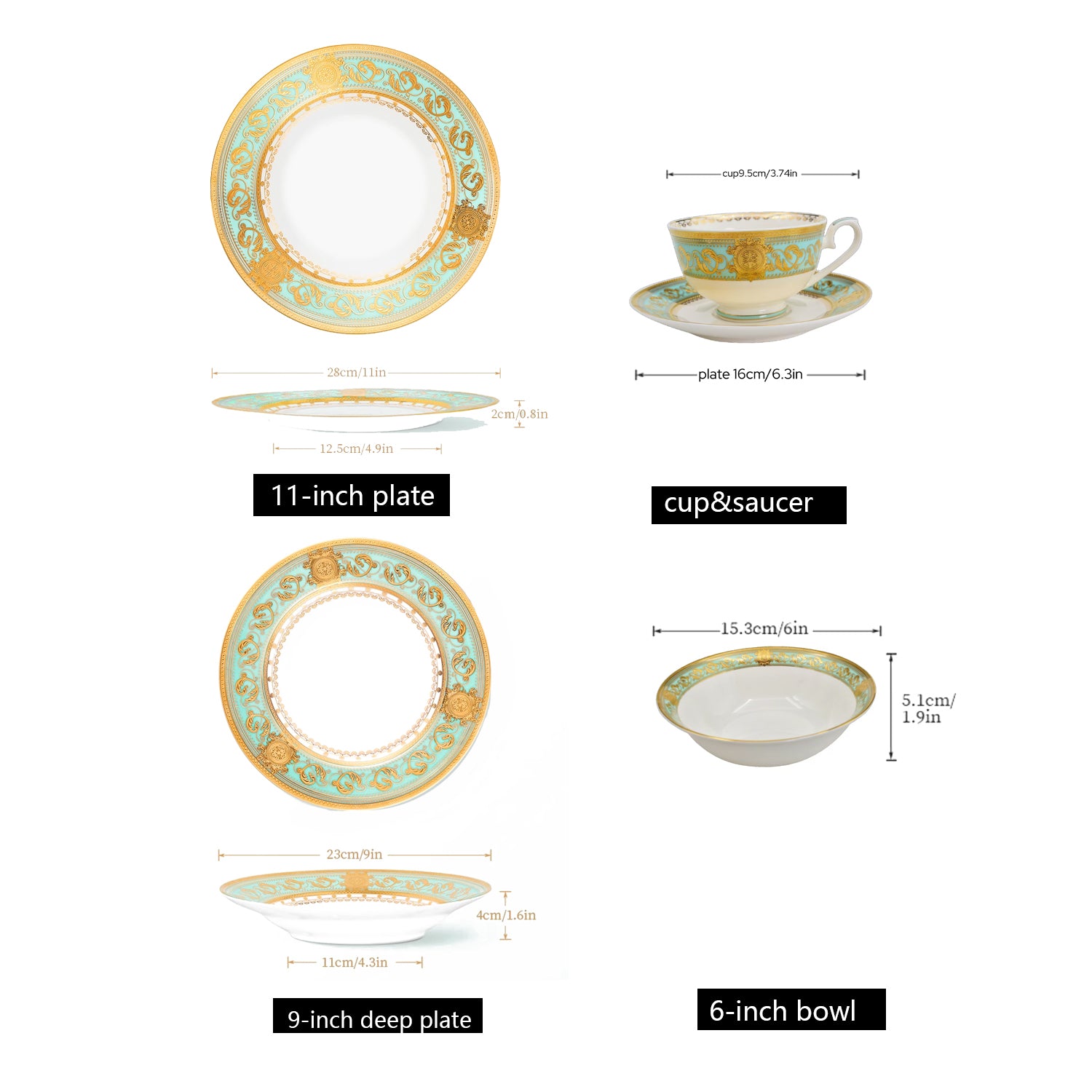 Aurora Green Gold Rim Bone china Dinnerware Sets for 6