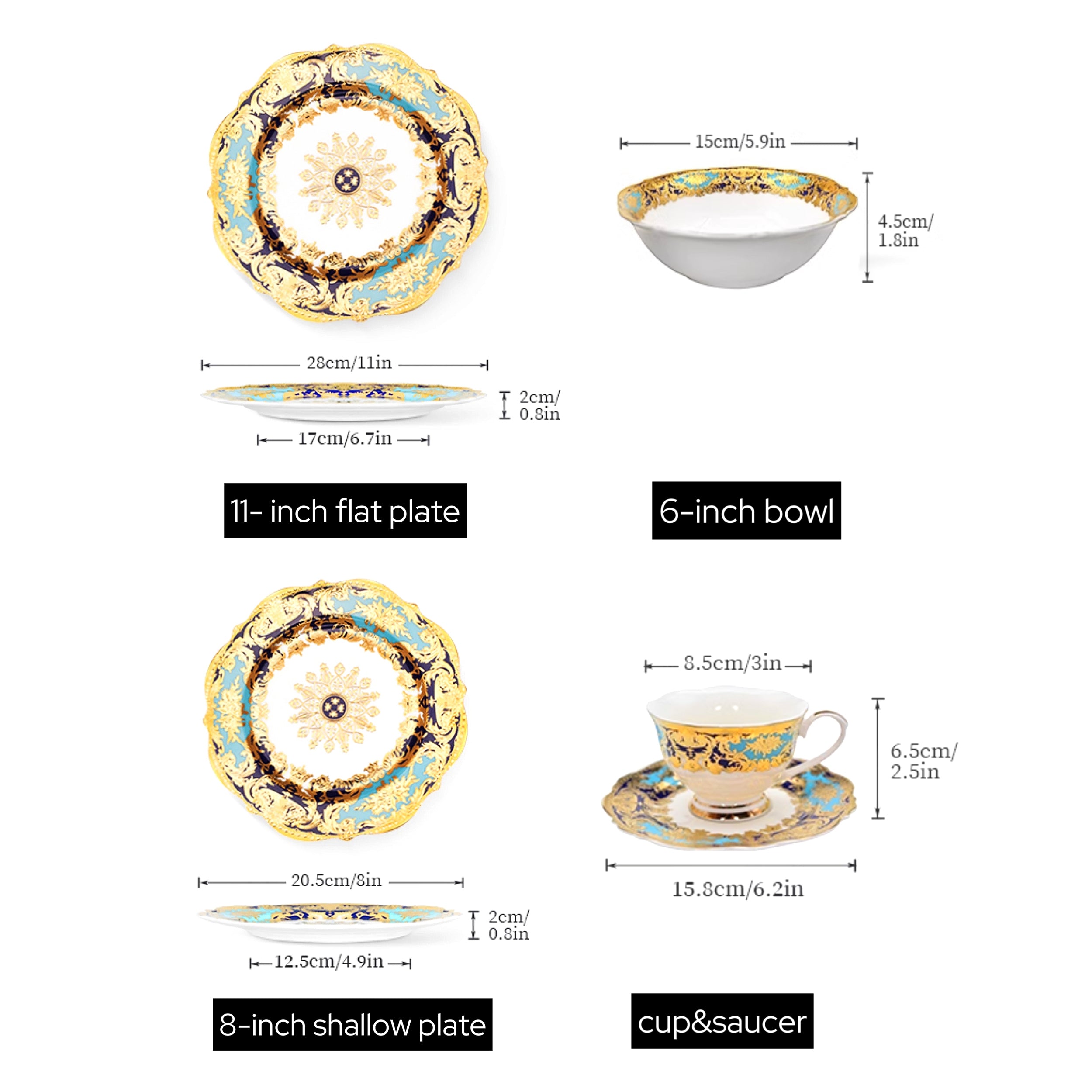 Aurora Sky Blue and Gold Embossed Design Dinnerware Set for 4