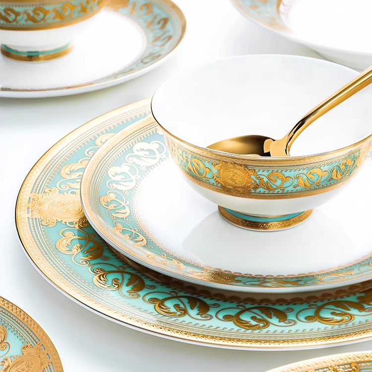 Aurora Green Gold Rim Bone china Dinnerware 4 Piece Sets