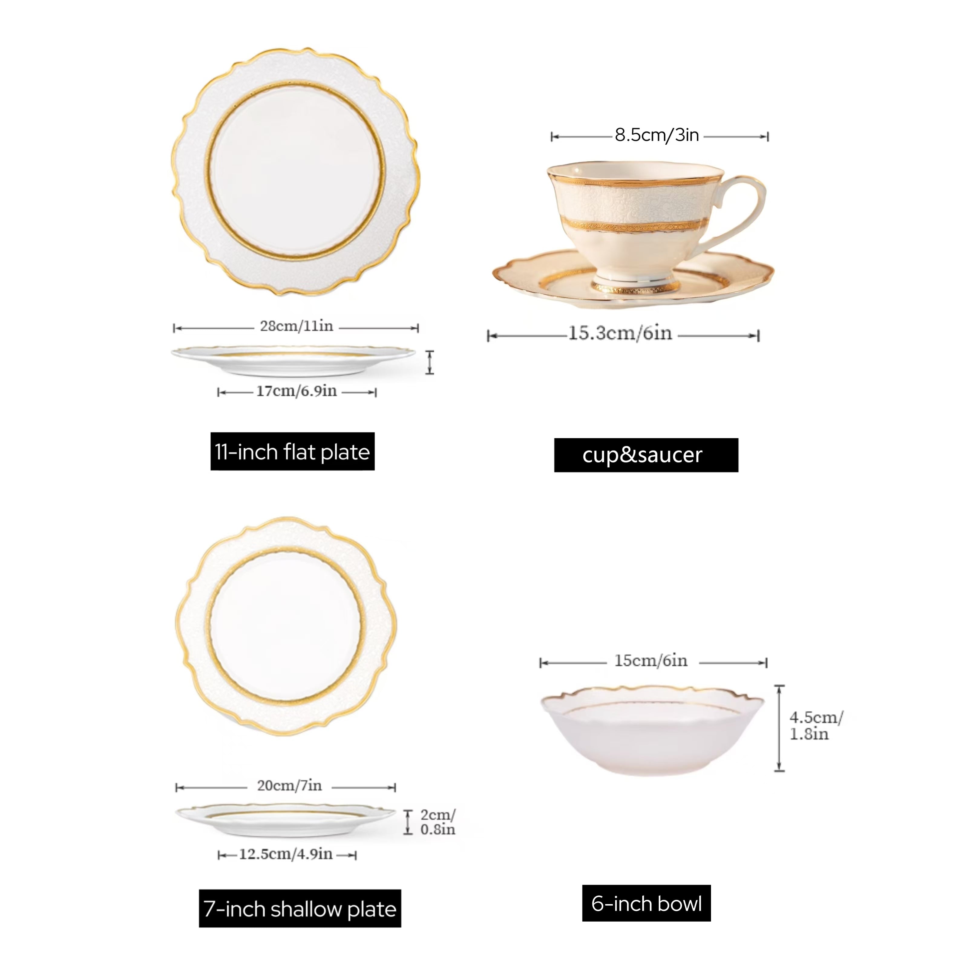 Aurora White Embossed Gold Rim Dinnerware Set for 4