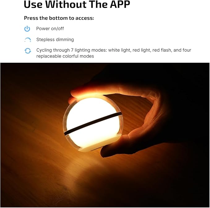 Aurora Sphere Smart Night Light, 75 lumens Stepless Dimming Table Lamp with Remotely APP Control, Magnetic Rechargeable RGB Ambient Light for Sleeping, Reading, and Relaxation