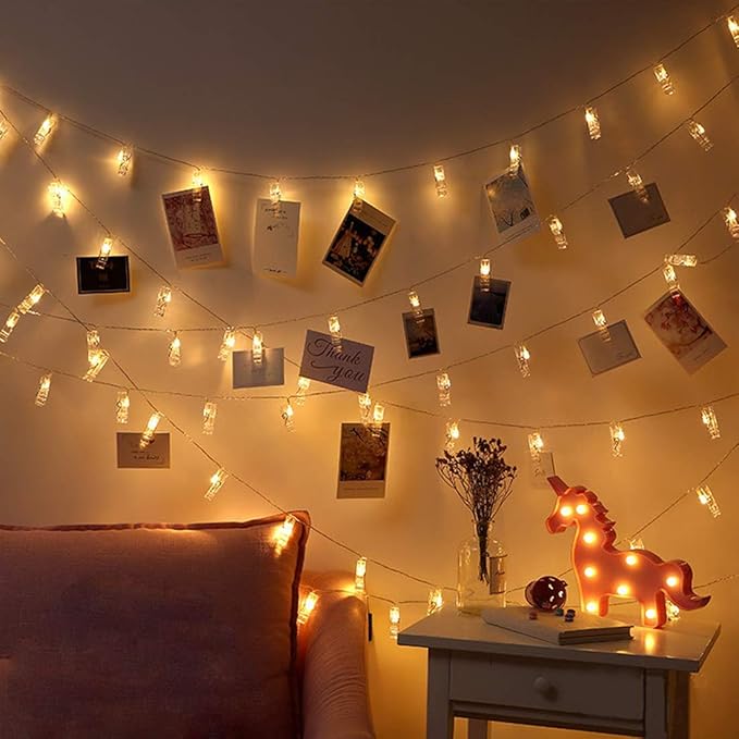 Aurora LED Photo Clip Copper String Lights Starry Fairy Warm White Lights, Battery Powered for Hanging Pictures, Cards, Bedroom, Wall Decorations, Christmas, Patio, Halloween, Thanksgiving, Wedding, and Party