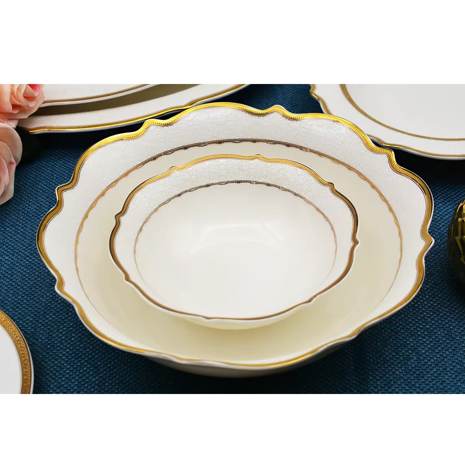 Aurora White Embossed Gold Rim Dinnerware Set 6 Inch bowl