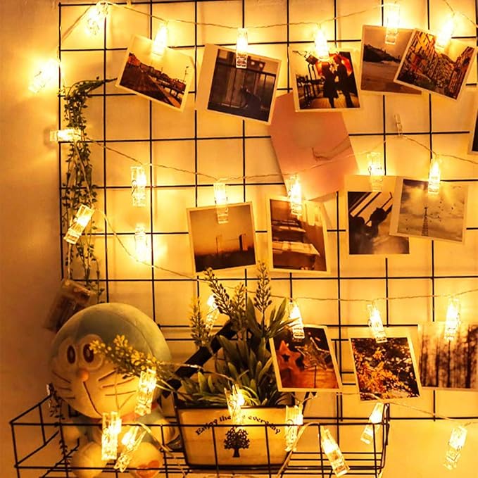 Aurora LED Photo Clip Copper String Lights Starry Fairy Warm White Lights, Battery Powered for Hanging Pictures, Cards, Bedroom, Wall Decorations, Christmas, Patio, Halloween, Thanksgiving, Wedding, and Party