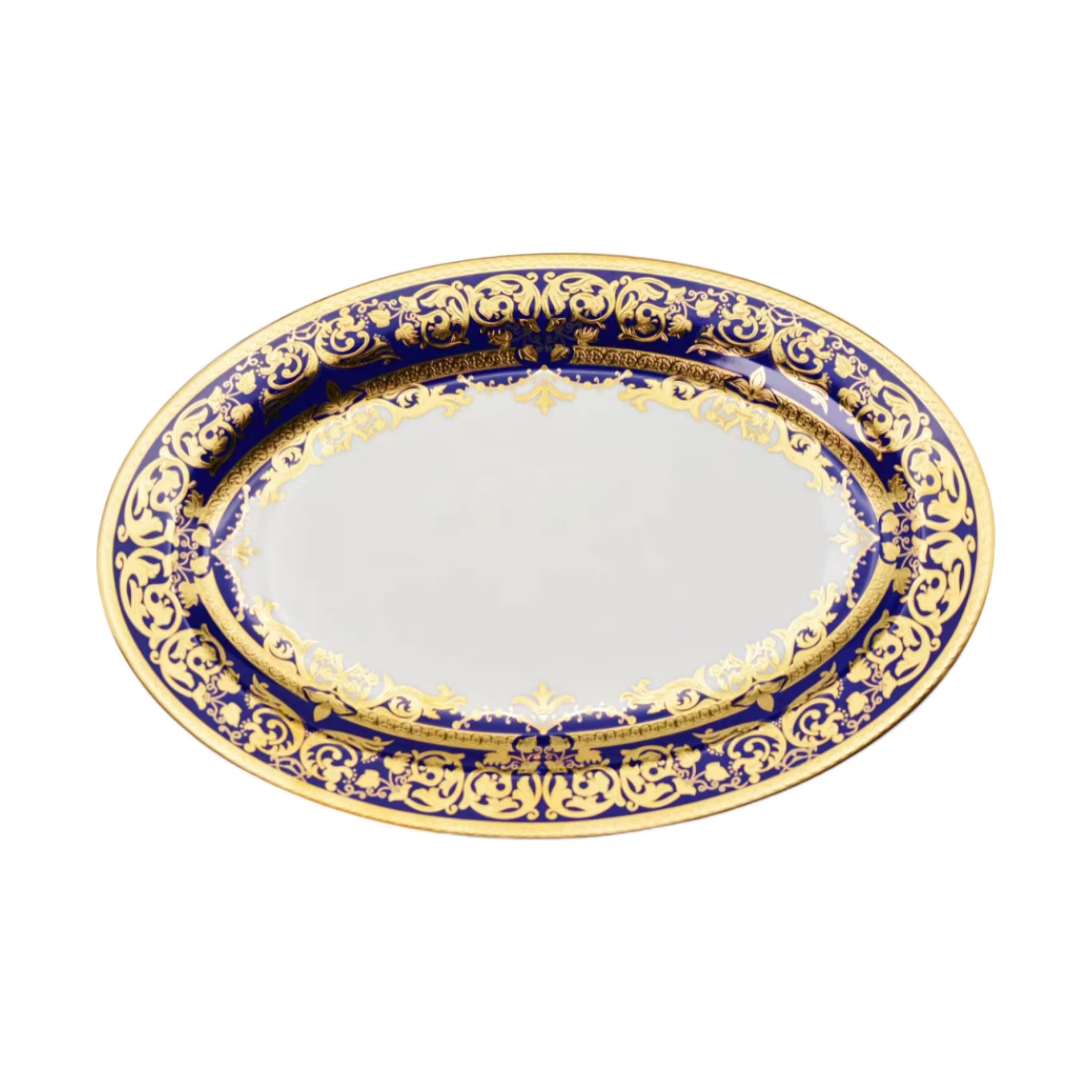 Aurora Blue Gold Rim Bone china Tableware Sets 12 Inch Flat Plate