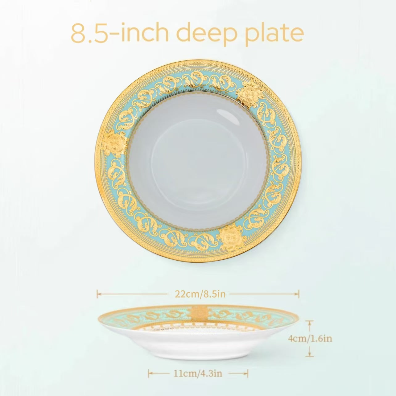 Aurora Green Gold Rim Bone china Dinnerware Sets 8.5 Inch Deep Plate