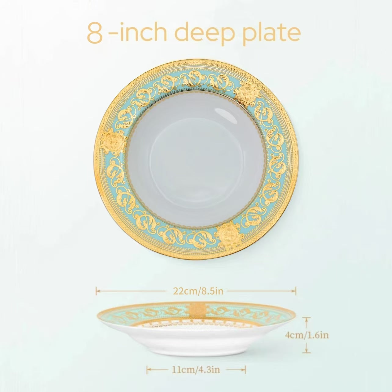 Aurora Green Gold Rim Bone china Dinnerware Sets 8 Inch Deep Plate