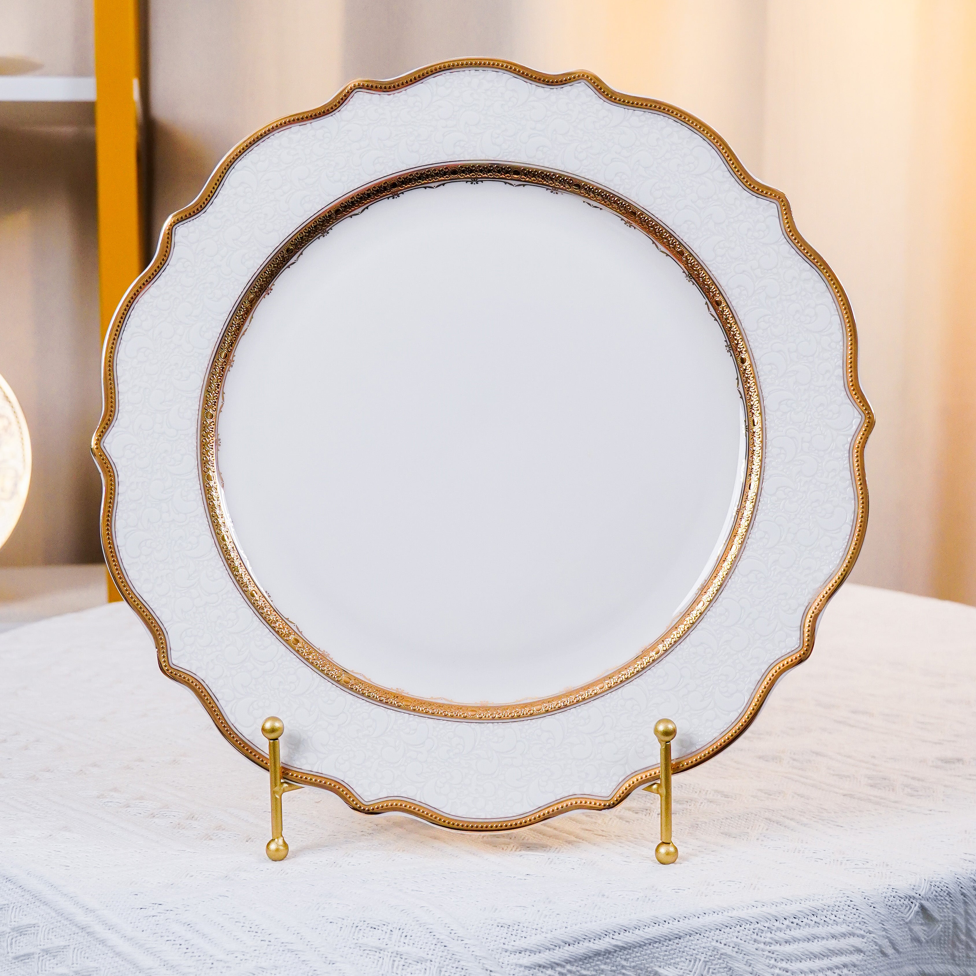 Aurora White Embossed Gold Rim Dinnerware  4 Piece Set