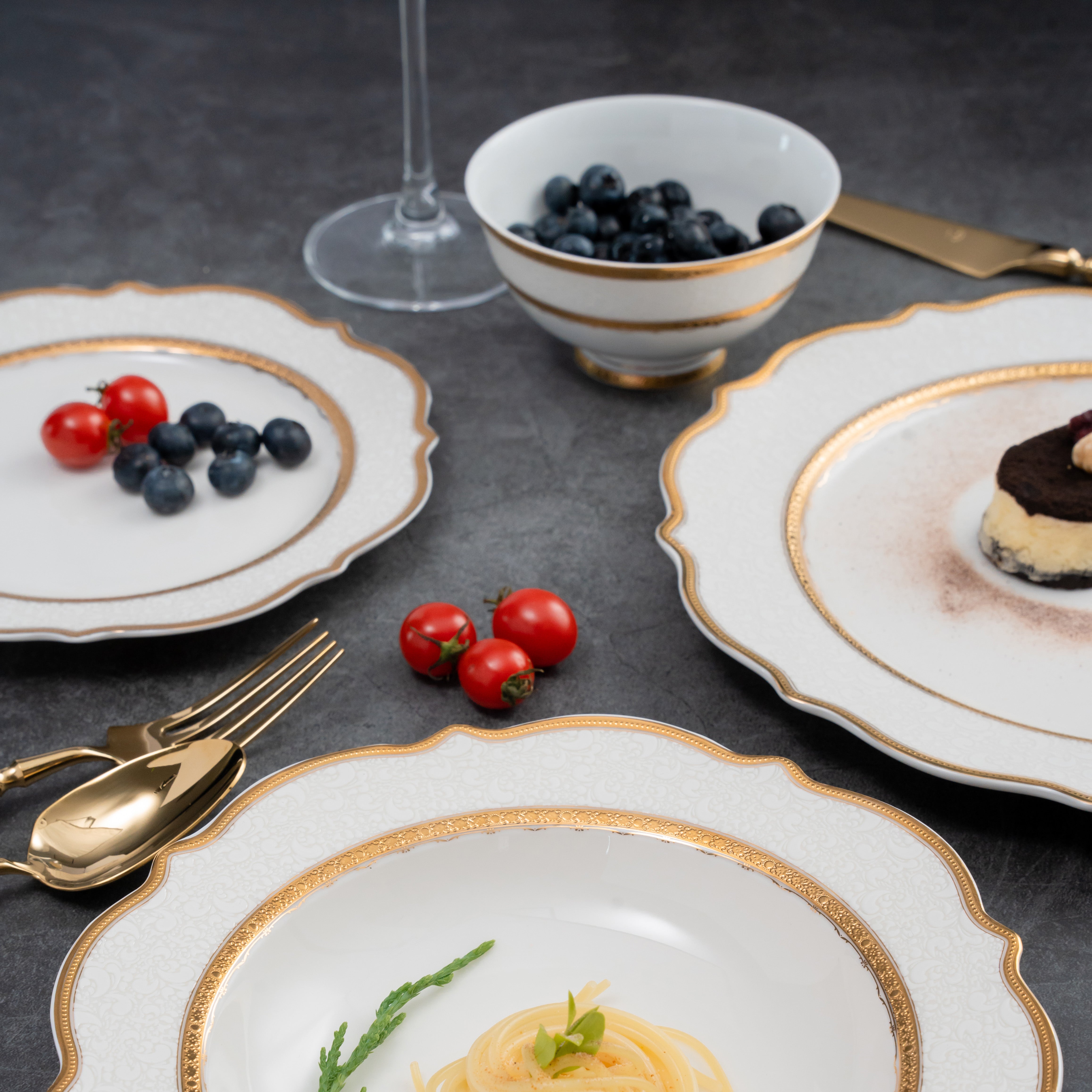 Aurora White Embossed Gold Rim  Dinnerware Set for 6