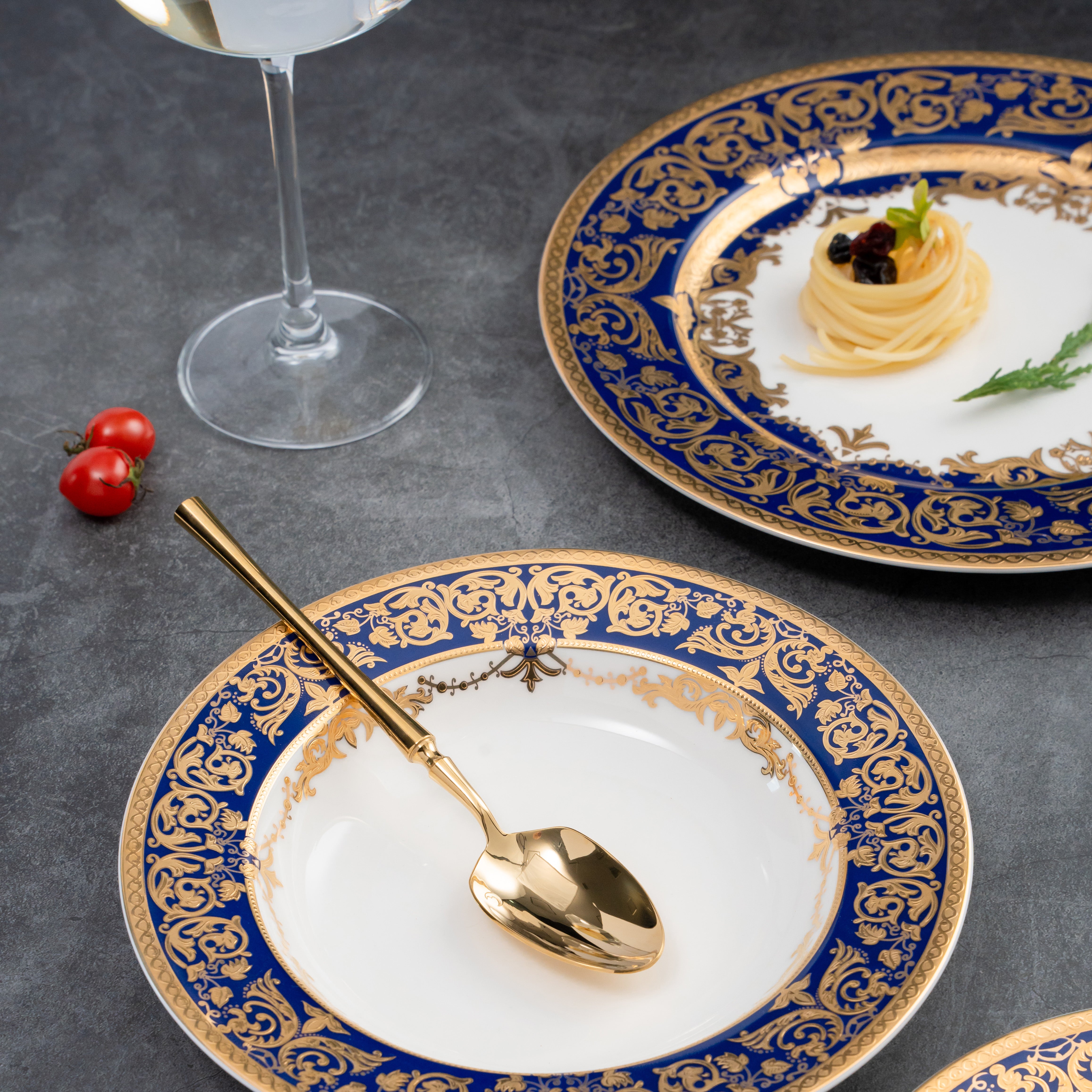 Aurora Blue Gold Rim Bone China Tableware Sets for 6