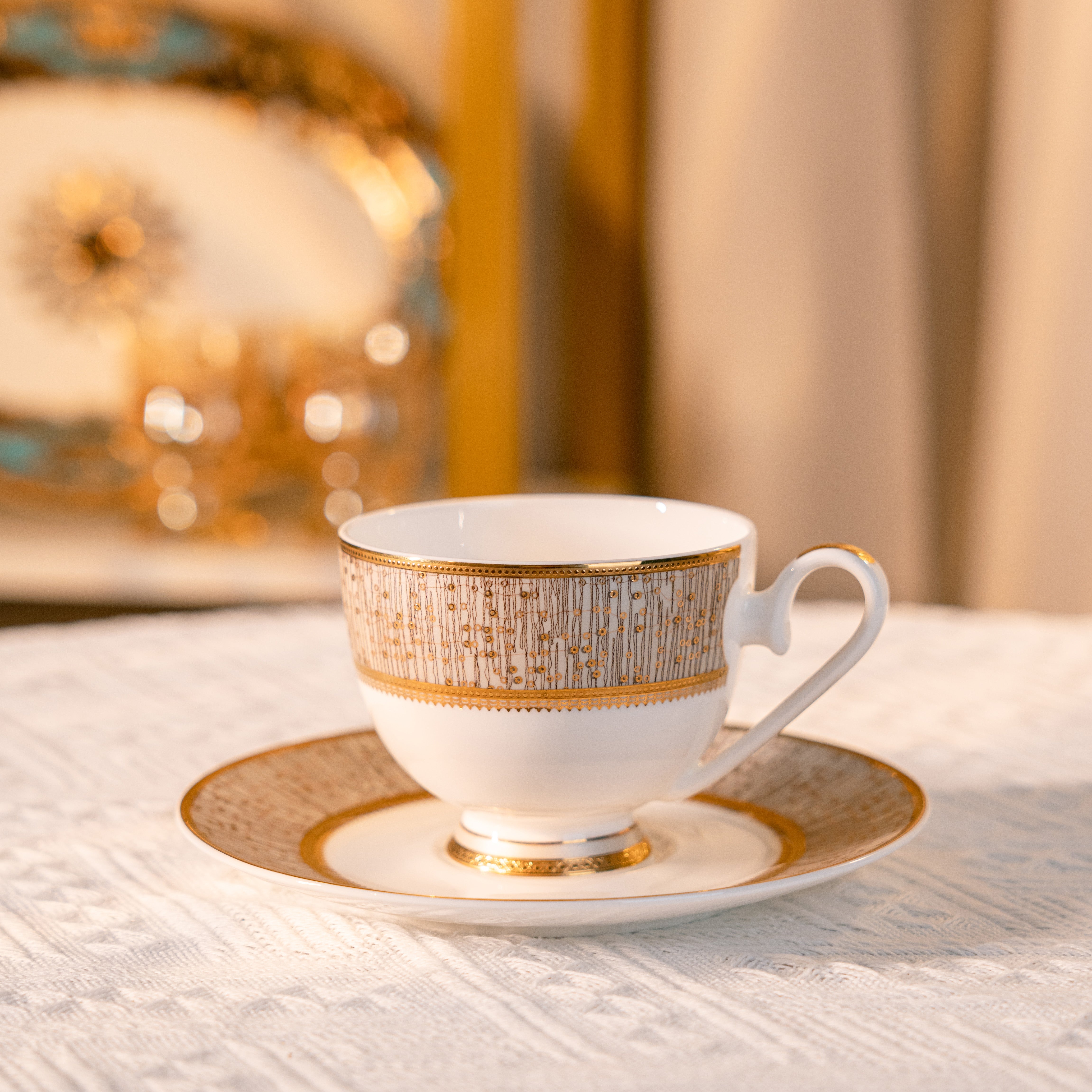 Aurora Twinkling Star Relief Embossed Gold Bone china Luxury Gift Tea Set