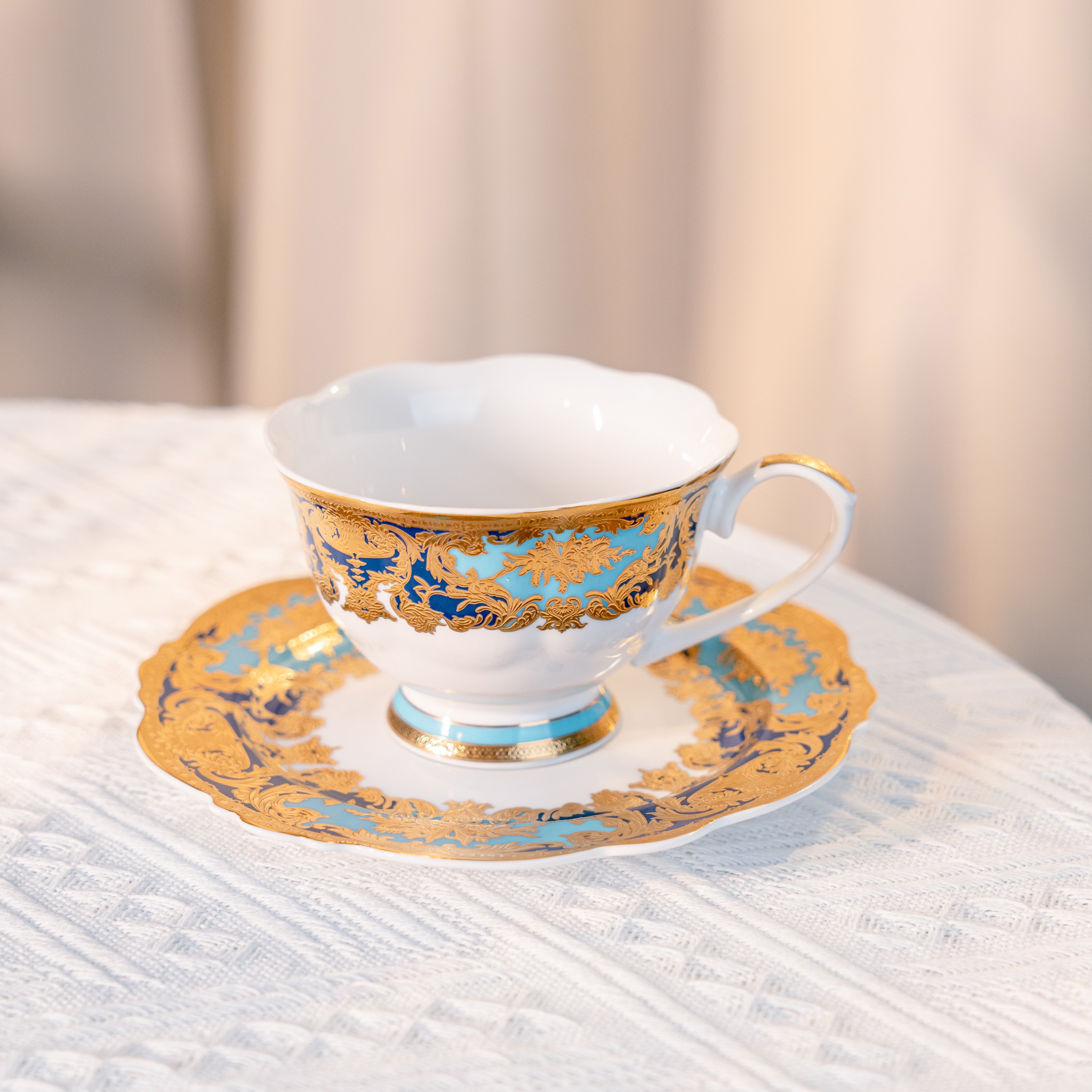 Aurora Sky Blue and Gold Embossed Design Coffee Cup Bone china Tea Set