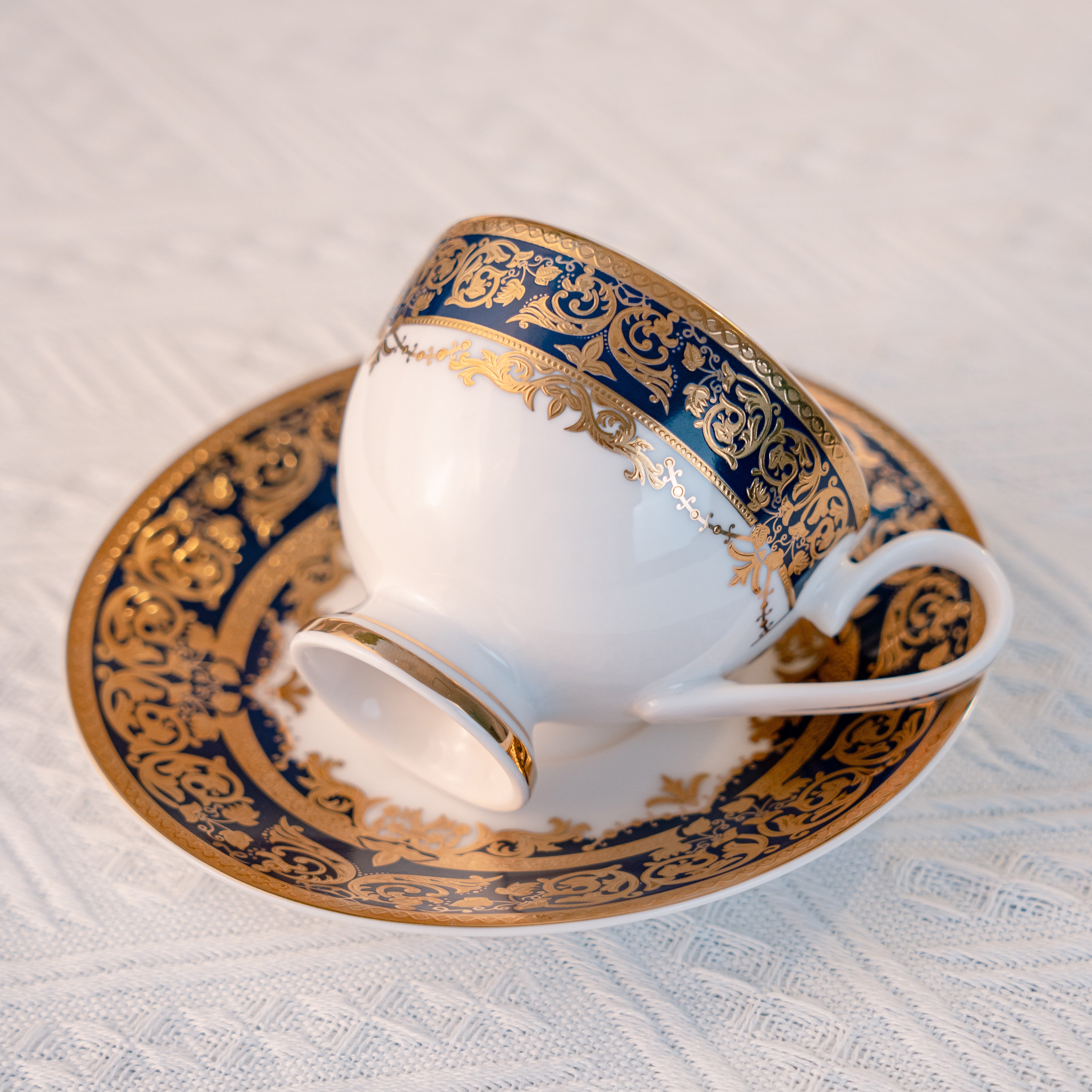 Aurora Blue Gold Rim Bone China Cup and Saucer Set