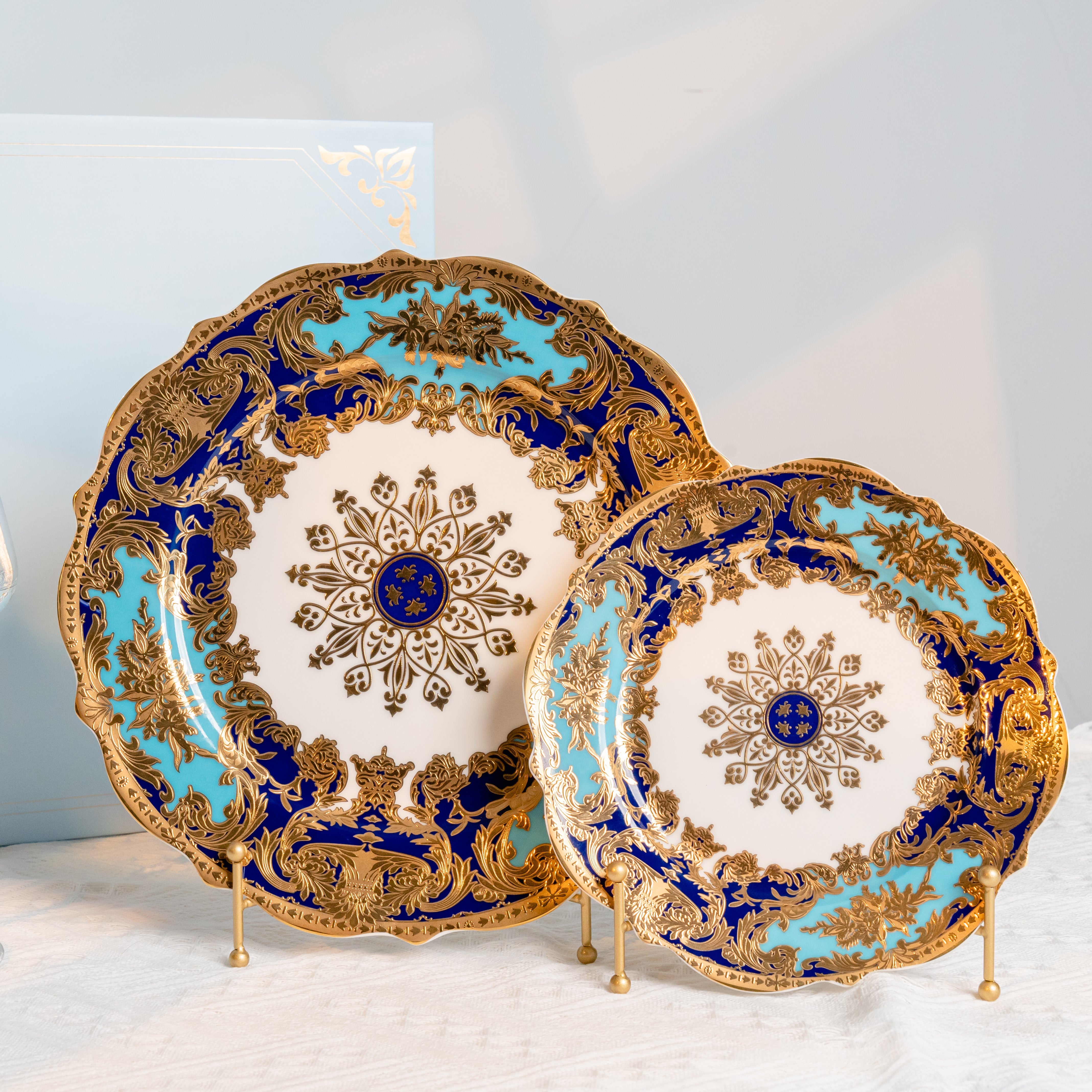 Aurora Sky Blue and Gold Embossed Design Dinnerware Set for 4