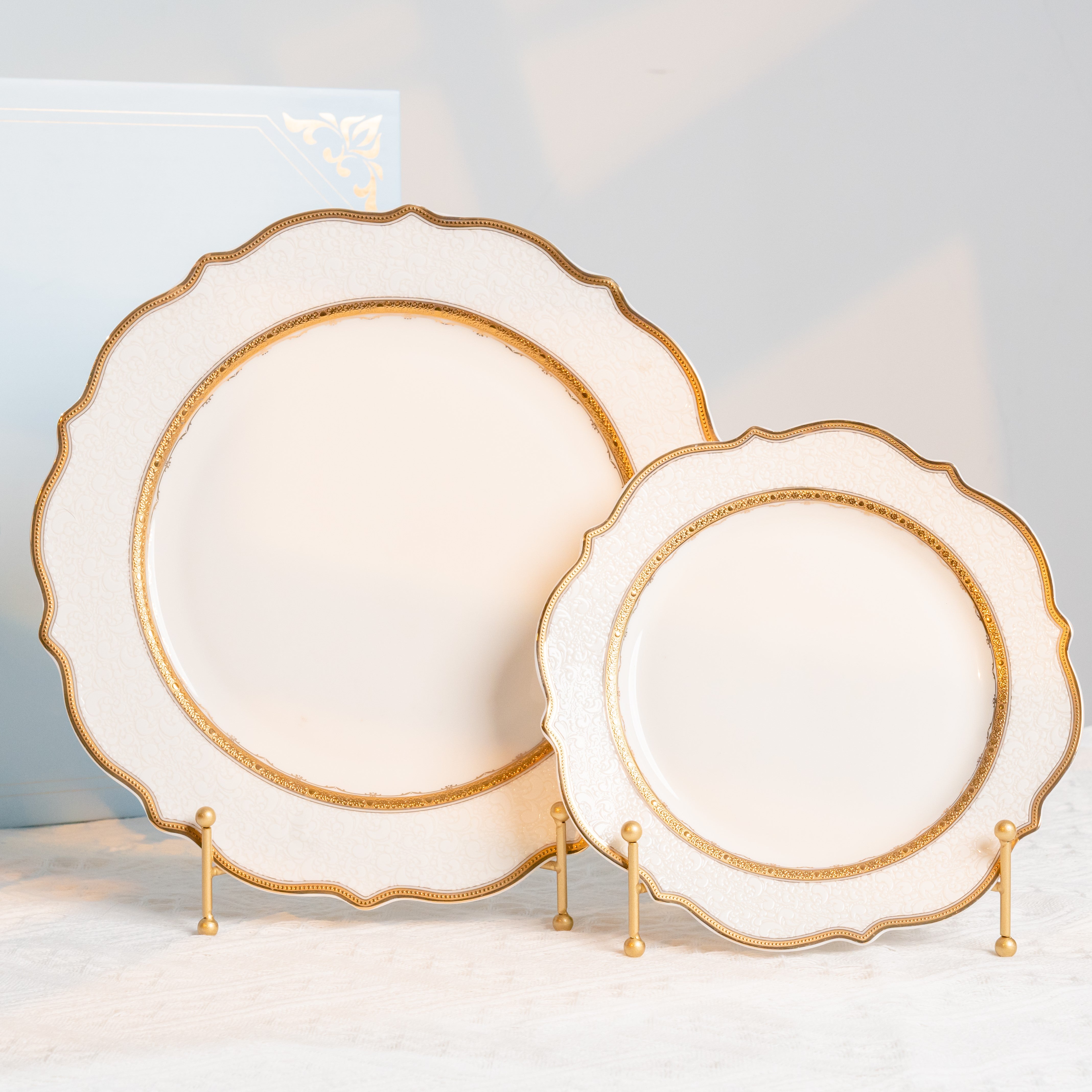 Aurora White Embossed Gold Rim  Dinnerware Set for 6