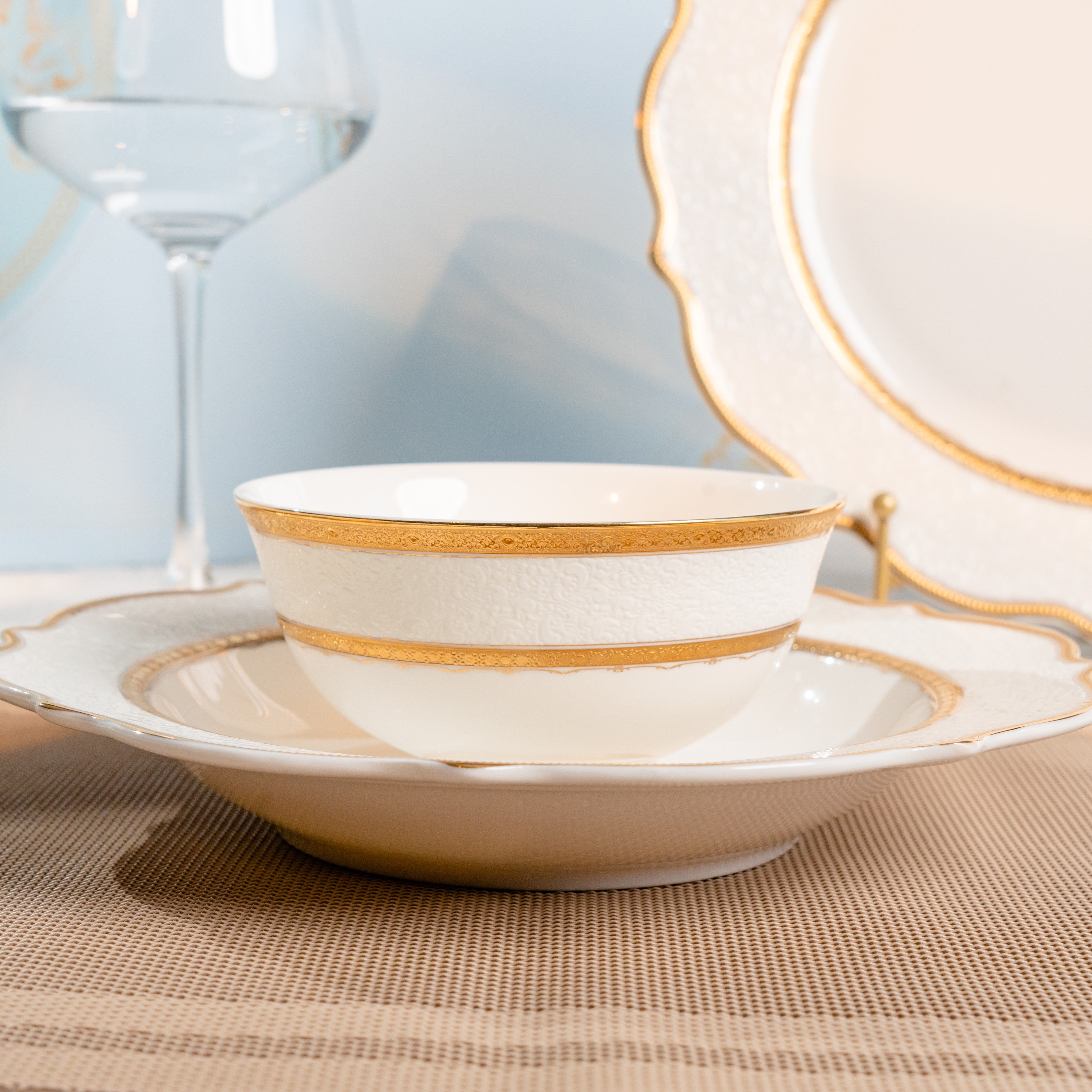 Aurora White Embossed Gold Rim Dinnerware Set 4.5 Inch Bowl