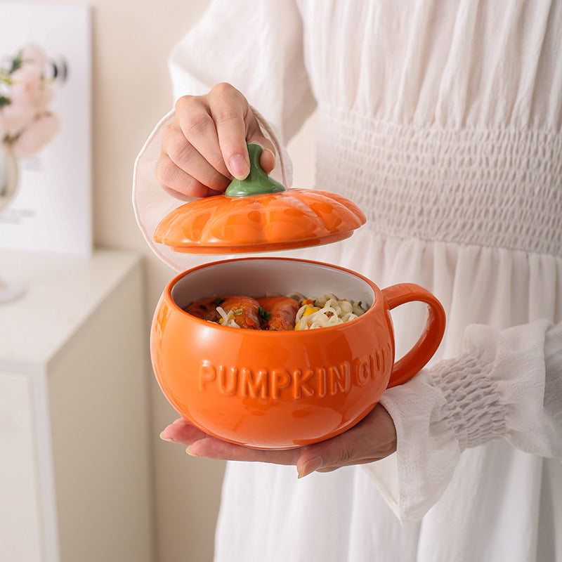 Halloween Ceramic Pumpkin 28oz Bowl with Lid and Spoon