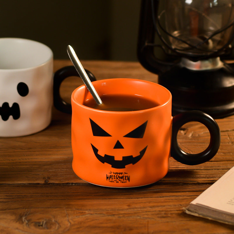 Halloween Party Supplies Ceramic Pumpkin Mug and Spoon Gift Box Set——Orange Demon