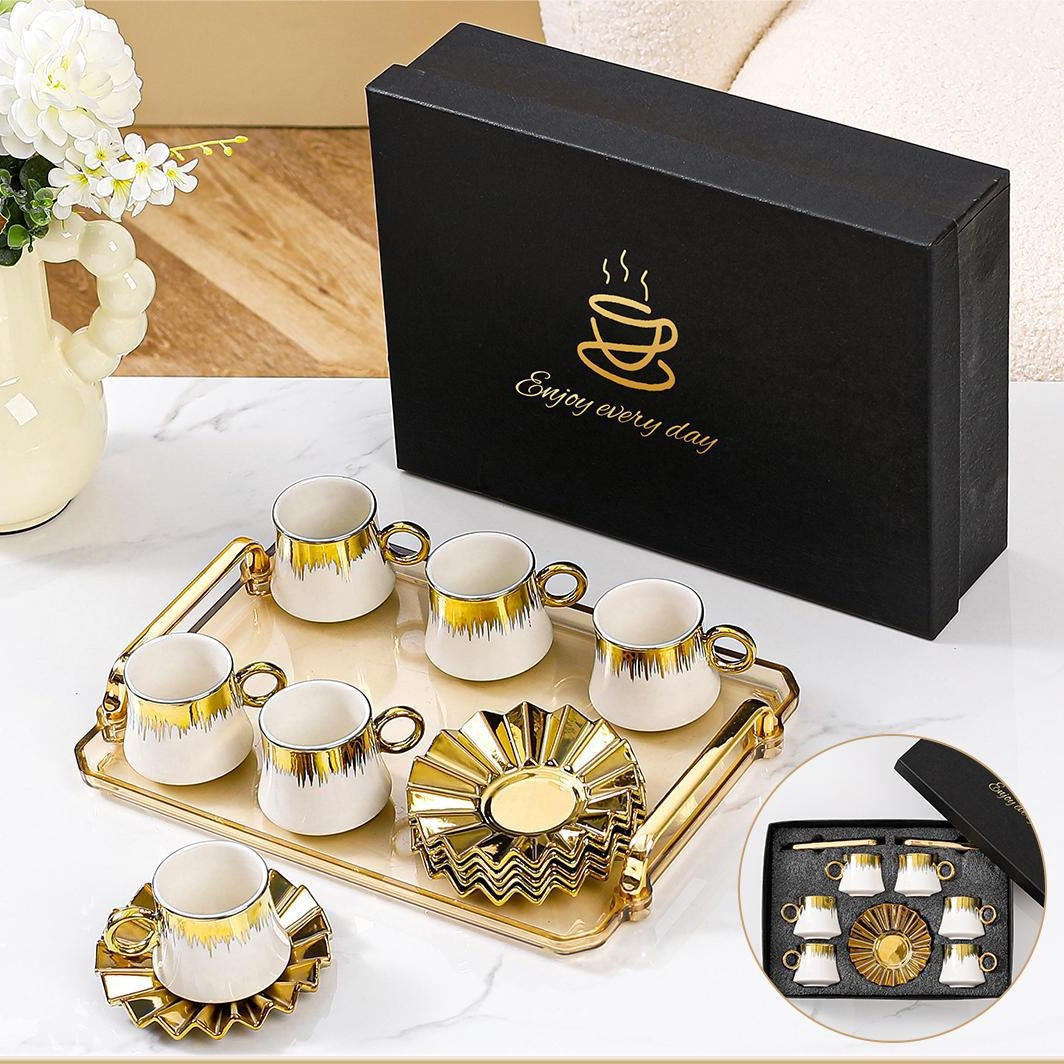 Aurora Gold Plated Ceramic Coffee Cup and Saucer Gift Box 6-piece Set with Tray