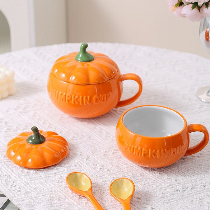 Halloween Ceramic Pumpkin Mug with Lid and Spoon