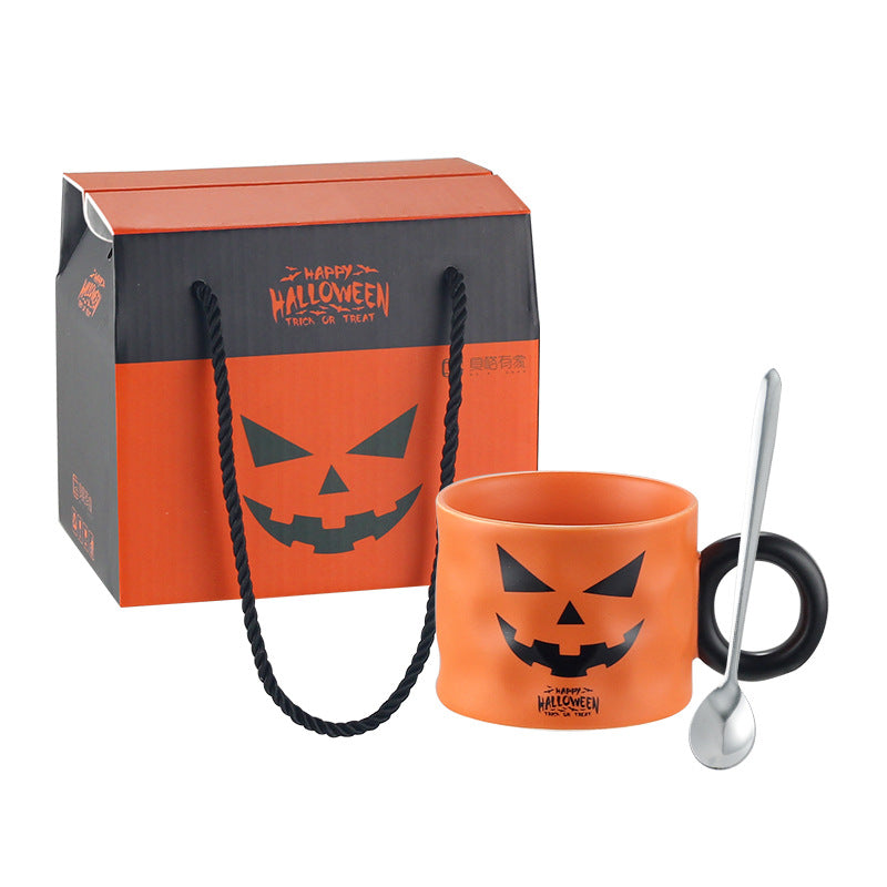 Halloween Party Supplies Ceramic Pumpkin Mug and Spoon Gift Box Set——Orange Demon