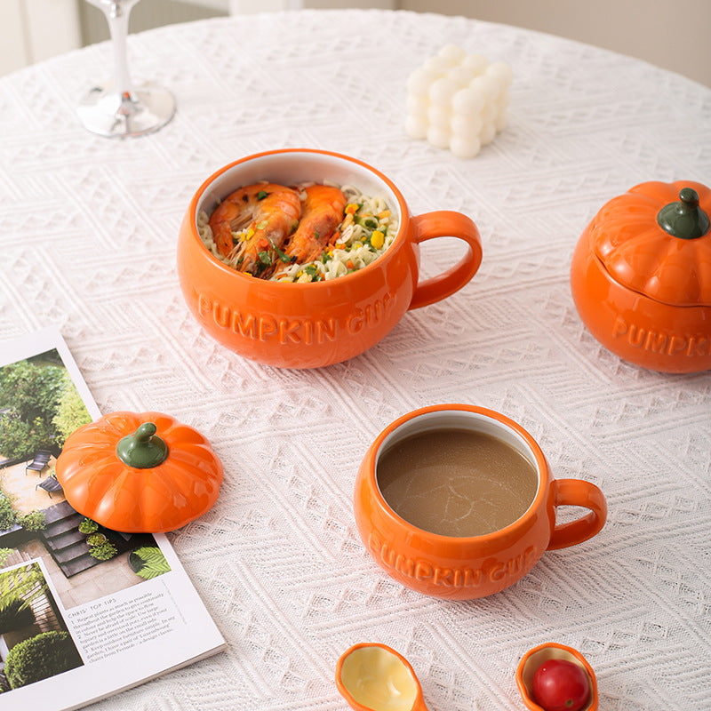 Halloween Ceramic Pumpkin Mug with Lid and Spoon