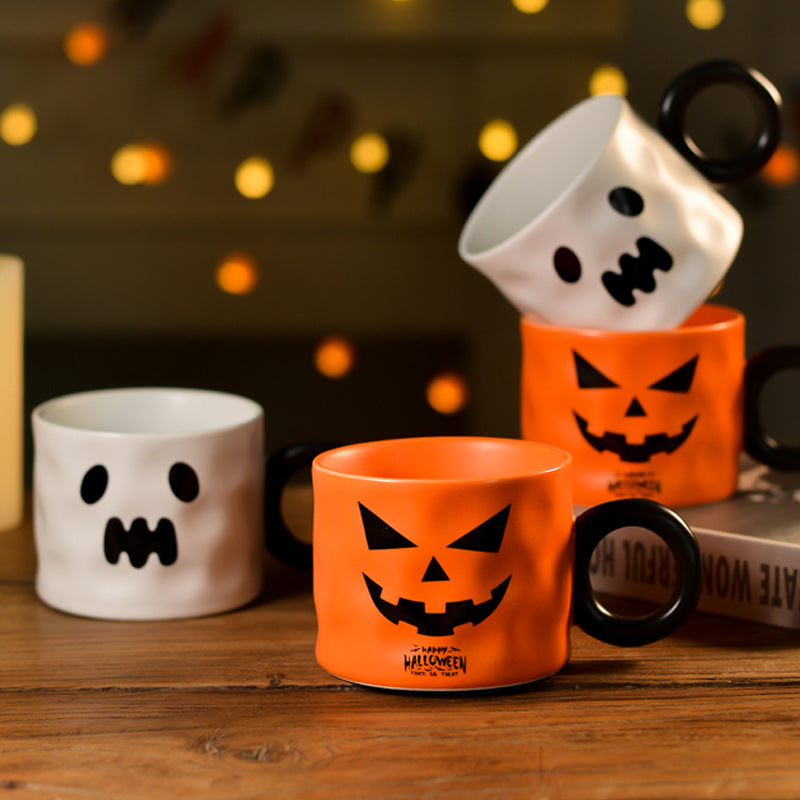 Halloween Party Supplies Ceramic Pumpkin Mug and Spoon Gift Box Set——Orange Demon