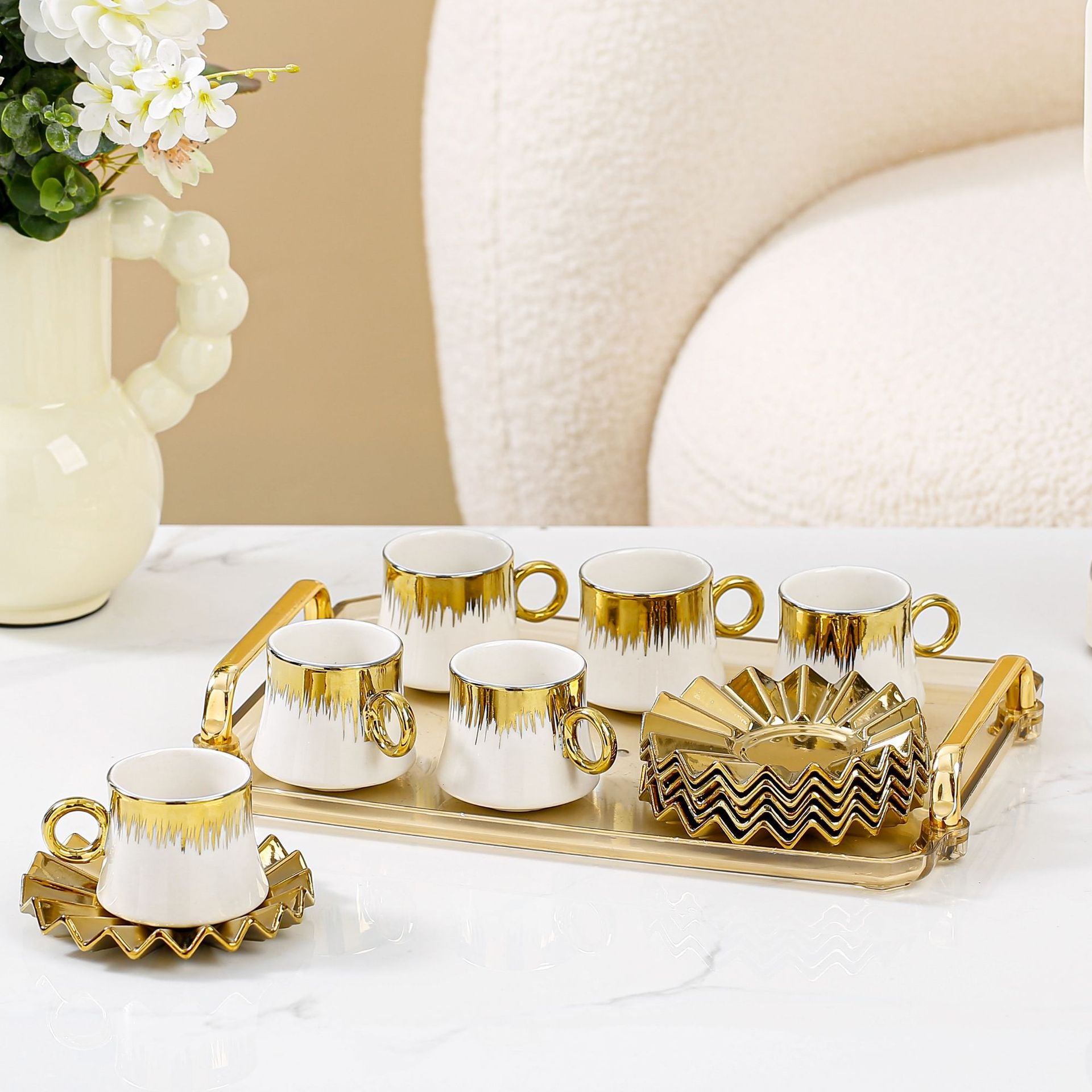 Aurora Gold Plated Ceramic Coffee Cup and Saucer Gift Box 6-piece Set with Tray