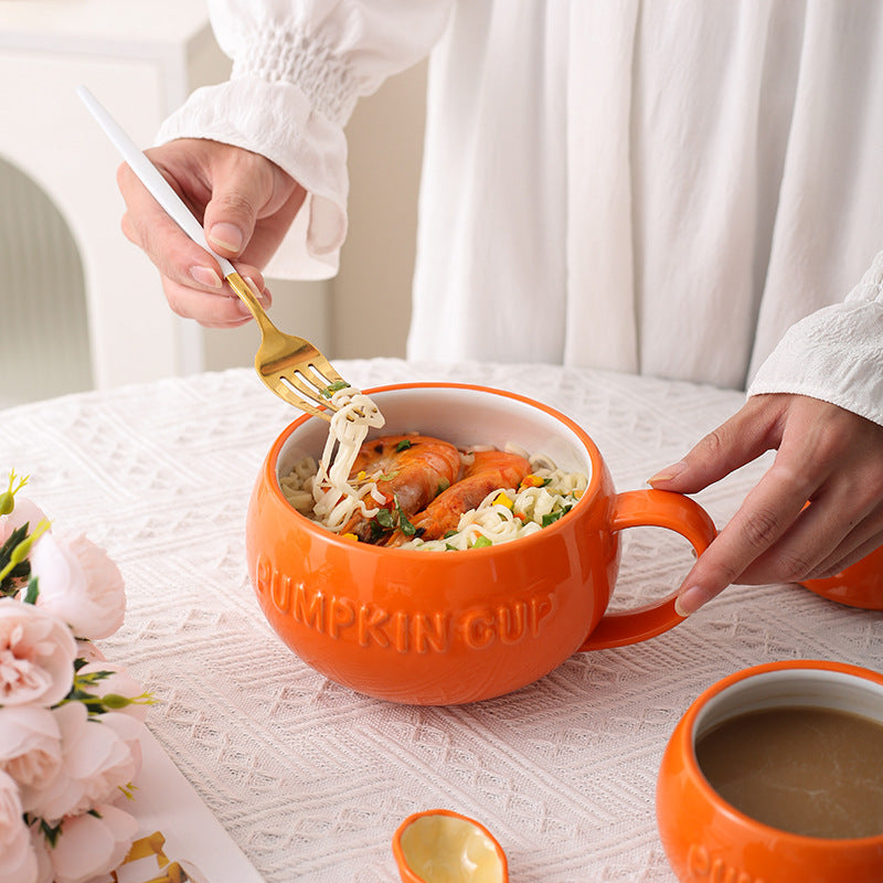 Halloween Ceramic Pumpkin 28oz Bowl with Lid and Spoon