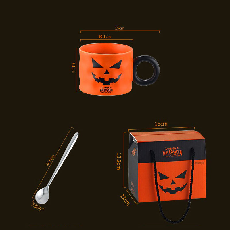 Halloween Party Supplies Ceramic Pumpkin Mug and Spoon Gift Box Set——Orange Demon