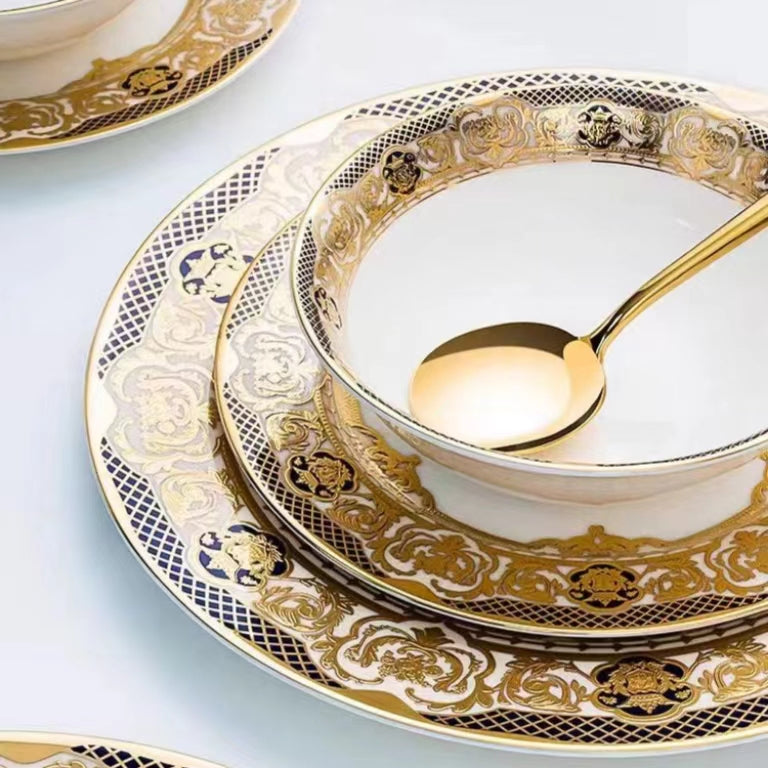 Aurora Deluxe Embossed Gold Bone china Tableware 4 Piece Set